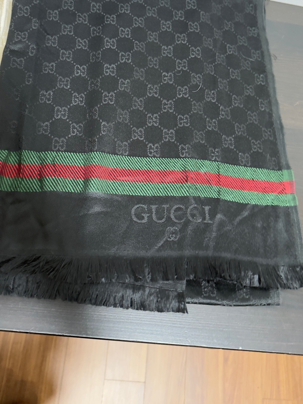 Gucci Black Scarf with Green and Red Web Stripe